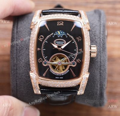 High Quality Copy Parmigiani Fleurier Kalpa Diamond-set Watch Black Leather Strap